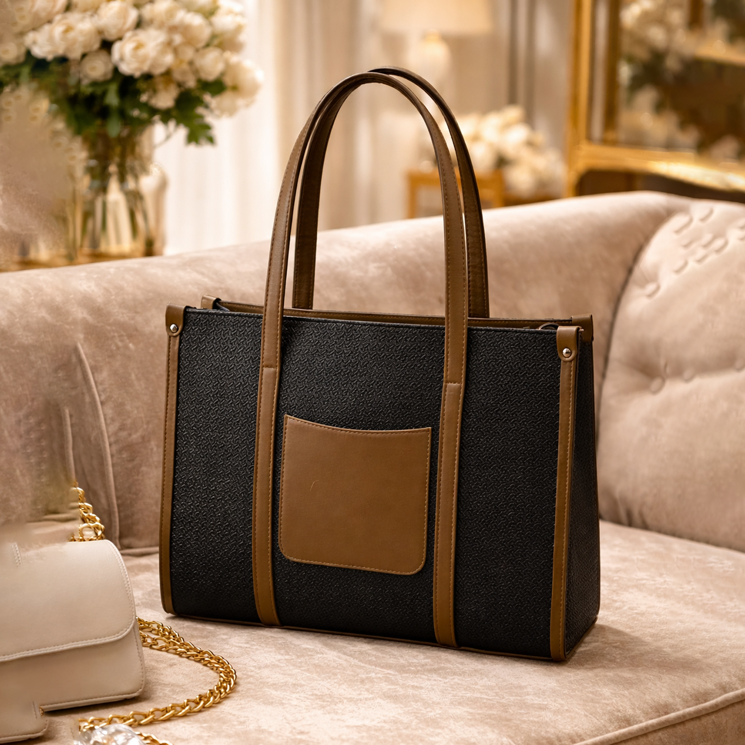 Classic Elegance Structured Tote Bag – Black & Tan