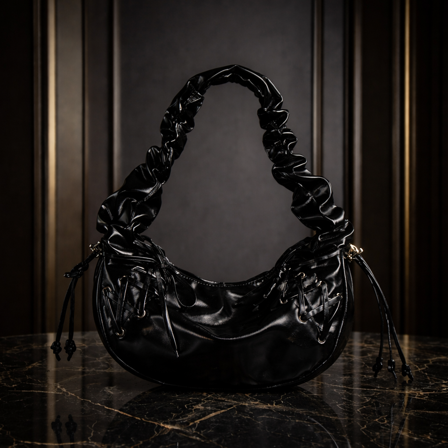 Noir Élan – Luxe Ruched Shoulder Bag in Black